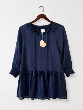 Hayden Girls Navy Ruffle Peplum Tunic Blouse Boho Tassel Top Size M NWT